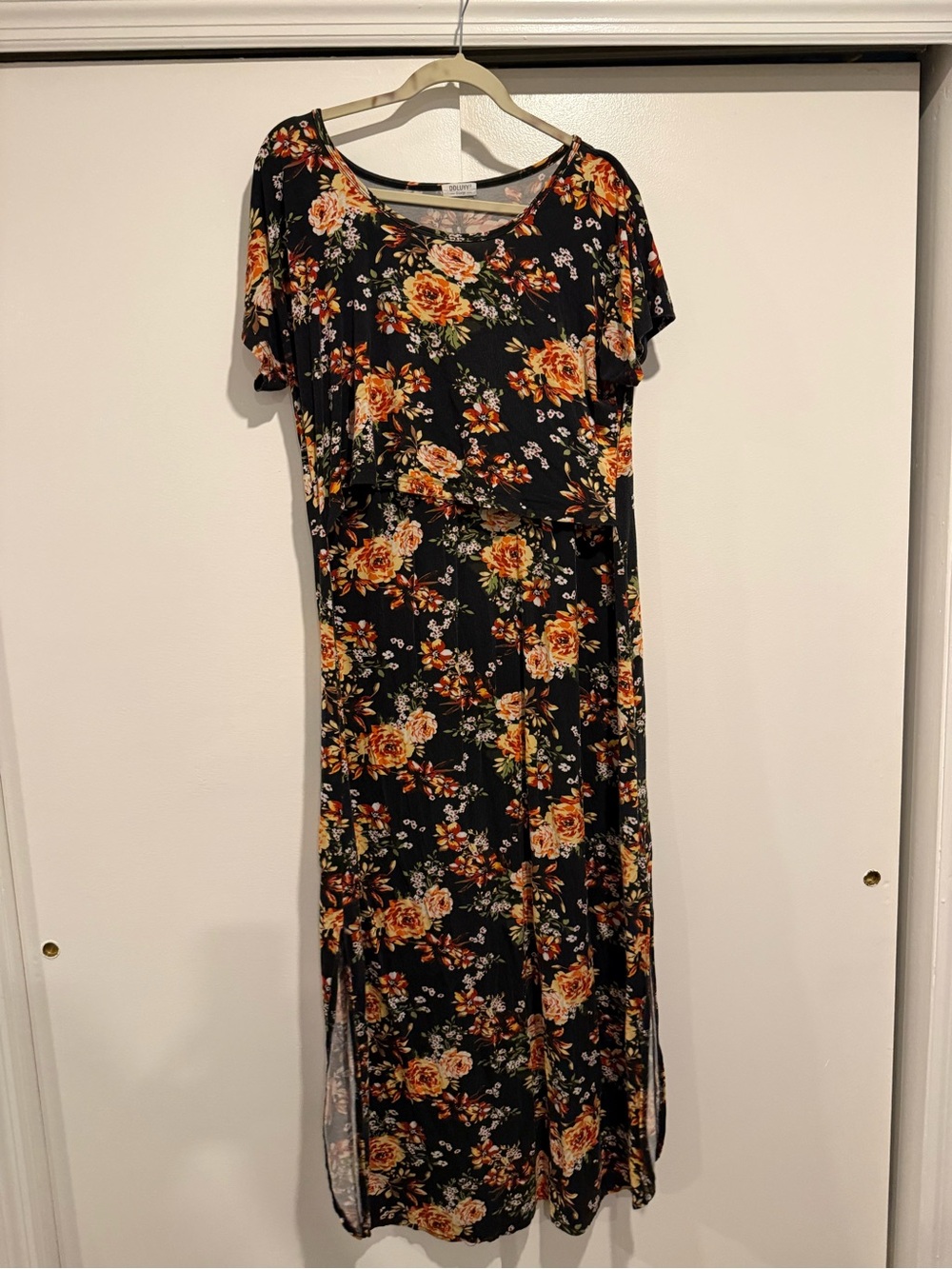 Maternity Nursing Maxi Dress Orange Floral Print on Black size X Large